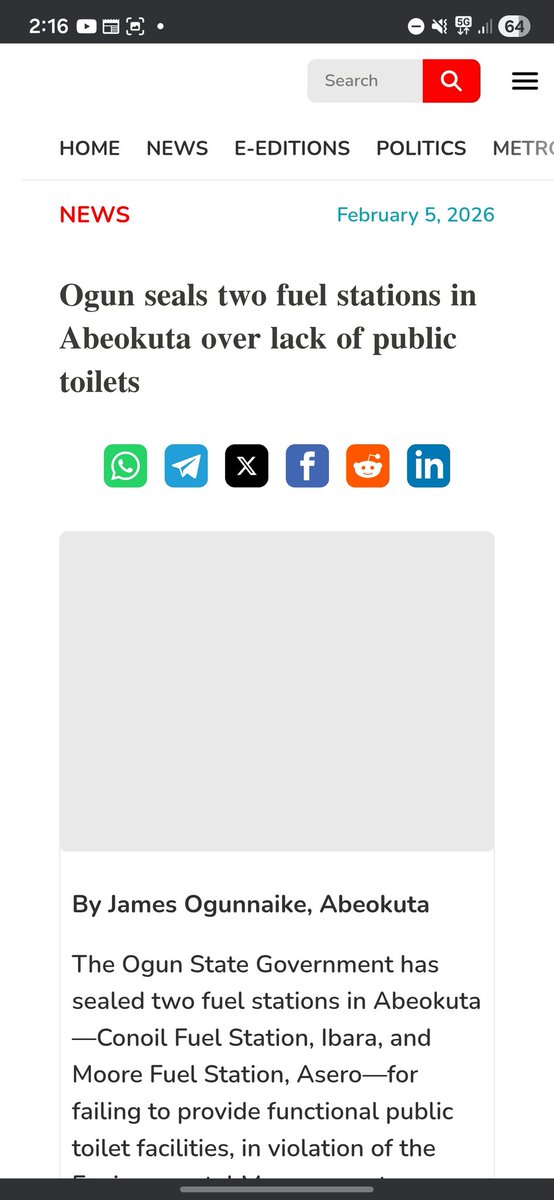 FLASH🚨: The Ogun State Government has sealed two fuel stations in Abeokuta—Conoil Fuel Station, Ibara, and Moore Fuel Station, Asero—for failing to provide functional public toilet facilities, in violation of the Environmental Management (Miscellaneous Provisions) Law, 2006, and
