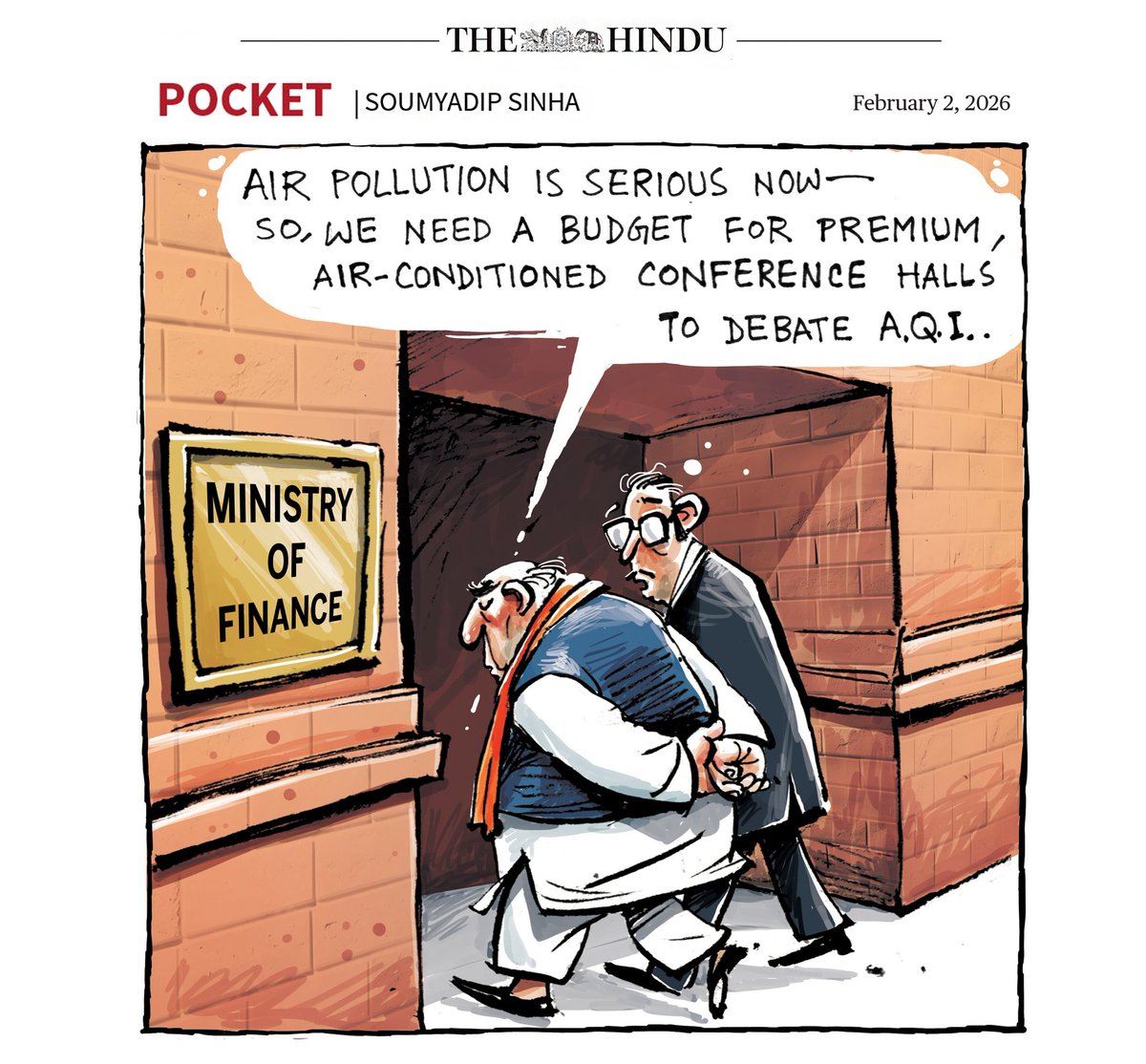 sinha_soumyadip's tweet image. Pocket cartoon on Budget 2026 from @the_hindu newspaper.

#Budget2026 #delhipollution #AQI #cartoon #TheHindu #AirPollution