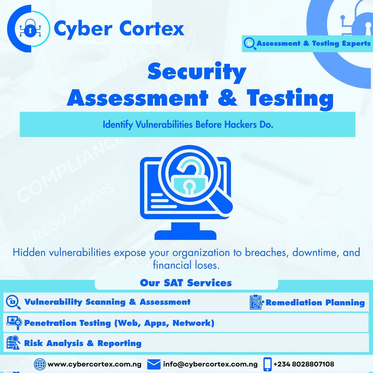 cybercortex_'s tweet photo. 🔵 Security Assessment &amp; Testing

You can’t protect what you don’t know is vulnerable.

Cyber Cortex helps organizations uncover hidden security weaknesses before attackers do. Our comprehensive security assessments and penetration testing simulate real-world threats. https://t.co/Zx5Gth1KSp