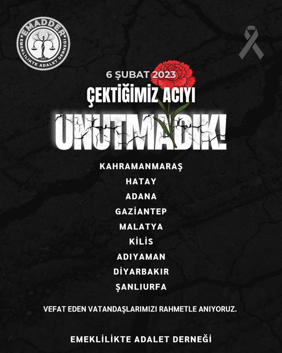 6 ŞUBAT 2023 HAFIZAMIZDA, YÜREĞİMİZDE

6 Şubat 2023’te yaşanan büyük deprem, şehirlerimizi ve hayatlarımızı derinden yaraladı.

Kahramanmaraş’tan Hatay’a, Adıyaman’dan Malatya’ya kaybettiklerimizin acısı hâlâ yüreğimizde.

Emeklilikte Adalet Derneği olarak;
hayatını kaybeden