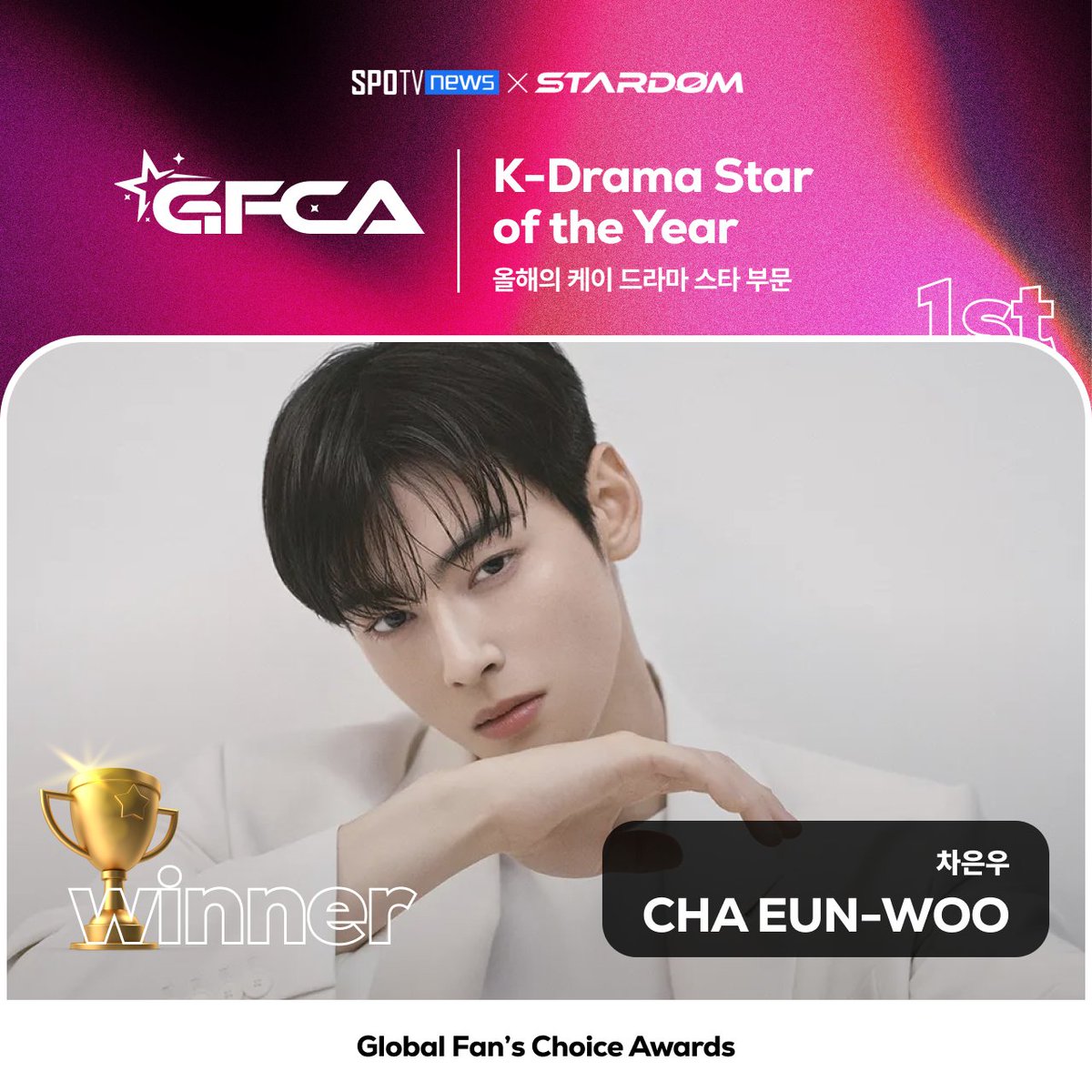 STARDOM_twt's tweet photo. 🏆GFCA 트로피 실물 공개!
[SPOTV NEWS X STARDOM] 2025 GFCA

[올해의 케이 드라마 스타] 1위 #차은우
팬덤이 만든 1위의 기록, 감사합니다 💛
—
#CHAEUNWOO 는 K브랜드지수 스타 어워즈 [광고 모델 부문]에서 현재 5위!

지금 스타덤 앱에서 투표로 힘을 모아주세요
투표하러 가기👉https://t.co/teqYCjdLn2

#2025GFCA #K브랜드지수스타어워즈 #스타덤