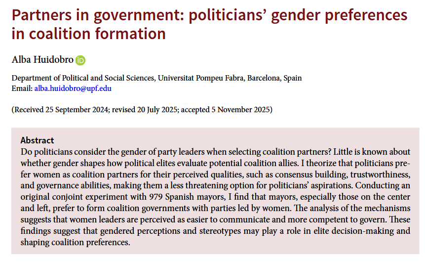 PSRMJournal's tweet image. 🧑‍🤝‍🧑Do politicians consider the gender of leaders when selecting coalition partners?

➡️Using a conjoint on 979 Spanish mayors, @albahuidobro finds that mayors, especially those on the center and left, prefer coalitions with parties led by women cambridge.org/core/journals/… #FirstView
