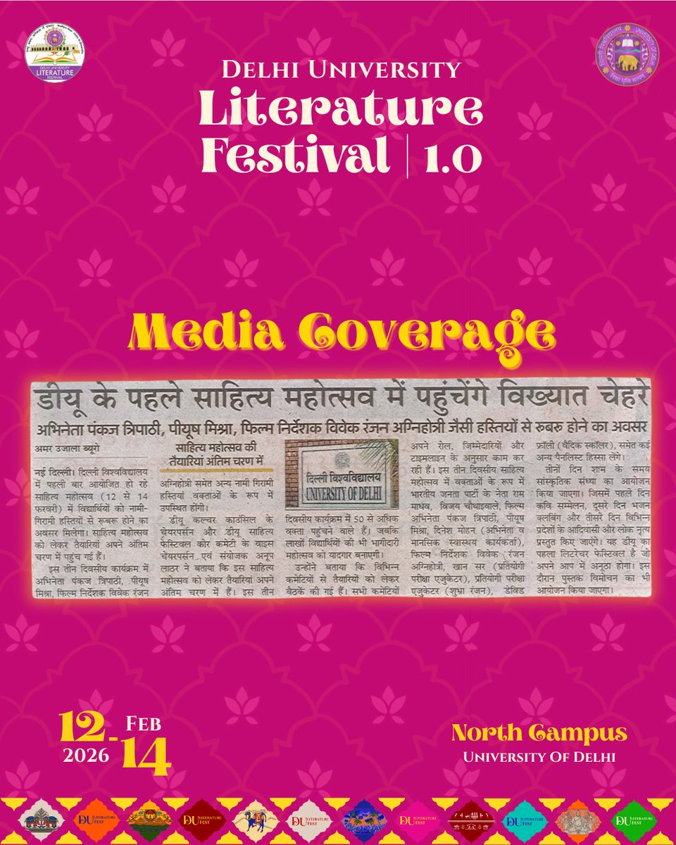 DULiteratureFst's tweet photo. Big ideas. Bold voices.
DU Literature Festival 1.0 at Delhi University brought together conversations that mattered, stories that stayed and voices that deserved the spotlight.

📅: 12th ,13th and 14th February 2026
📍: North Campus, University of Delhi 

#DULiteratureFest https://t.co/qrf8wb83oI