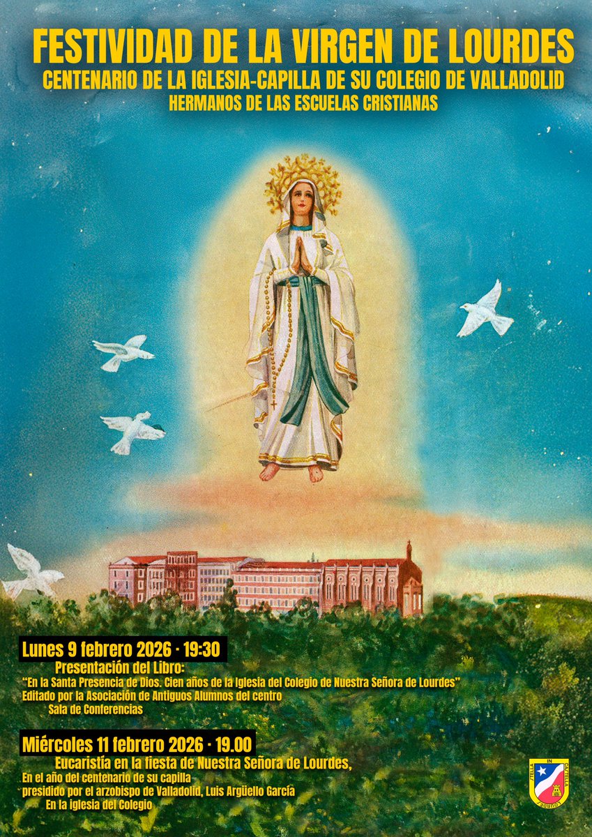 archiValladolid's tweet photo. ¿Sabías que la capilla del @ColeLourdesVa cumple 1⃣0⃣0⃣ años?

📖 La Asociación de Antiguos Alumnos ha editado un libro que presentarán el 9 de febrero

Y el día 11, fiesta de Nuestra Señora de Lourdes, Eucaristía 🙏 en su centenaria capilla https://t.co/AMy66KbrpC