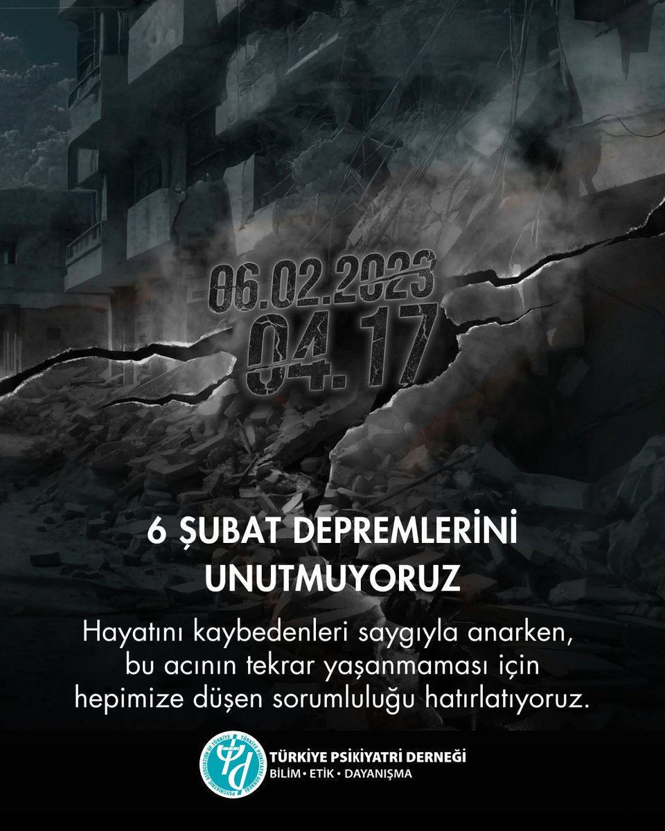 PsikiyatriDer's tweet photo. 6 Şubat depremlerinin üzerinden üç yıl geçmesine rağmen, deprem bölgesinde barınma, adalet, sağlık ve ruh sağlığı alanlarında yaşanan sorunlar büyük ölçüde devam etmektedir.

Afetlerin uzun dönemli ruhsal etkileri göz önünde bulundurulduğunda, psikiyatrik ve psikososyal destek hizmetlerinin bütüncül, erişilebilir ve sürdürülebilir biçimde yeniden yapılandırılması zorunludur. 

Türkiye Psikiyatri Derneği, depremin ilk anından itibaren sahada ve göç edilen illerde dayanışma içinde çalışmayı sürdürmekte, ortaya çıkan ihtiyaçları yakından izlemektedir. Yaşanan deneyimler, merkezi bir Afet Bakanlığı kurulması ve Türkiye Afet Müdahale Planı’nın meslek örgütlerinin katılımıyla yeniden ele alınması gerekliliğini açıkça ortaya koymuştur.

Bilimsel verilerle uyumlu bir Ulusal Ruh Sağlığı Eylem Stratejisi’nin ivedilikle oluşturulması, toplumsal iyilik halinin yeniden inşası için ertelenemez bir sorumluluktur.

#türkiyepsikiyatriderneği