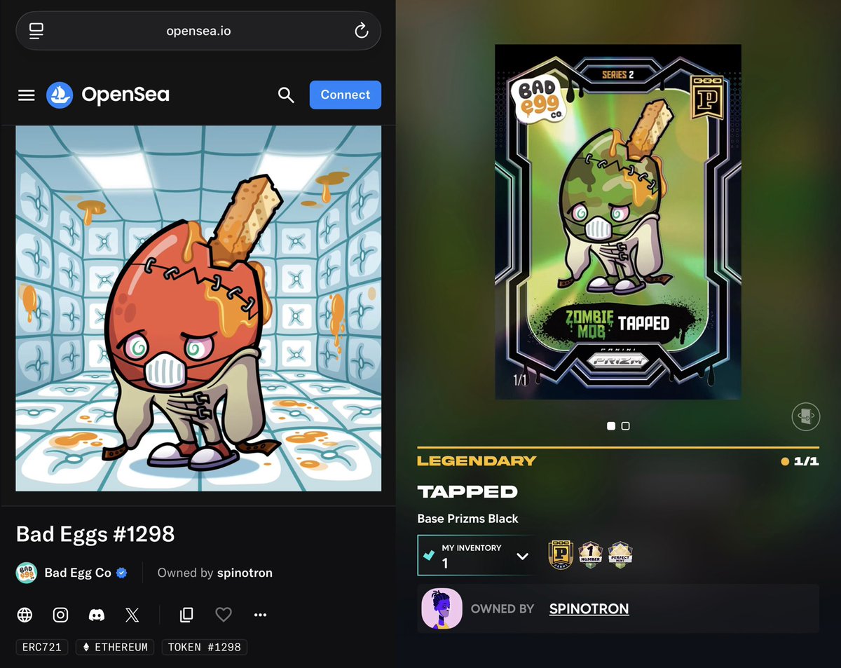spinotron's tweet photo. 🚨50 @BadEggCompany Opensea NFT sales for the past week‼️ 

🛒19 distinct buyers!!! Eggs are moving‼️

🥚“Wallace and Gromit” on chain finally got some deserved attention and action. (W&G is the inspiration with @DarranGarnham a web2 industry vet for toys + IP creation)

😋Eth dip = USD opps to load up protein.

♊️I completed this pairing during this as well. Eth PFP 🤝 PBC

The left is called Unstable, one of 12 1of1 in the 1500 BEC OS collection. Thank to @web3kitty who used the proceeds to load up a BVC grail. I’m involved in both communities so it’s no goodbye Kitty but helloKitty, BM!

The right is called Tapped, same style reimaged into a Zombie clan in #PaniniBlockchain BadEggs Prizm 2 collab release. Prizm Black Finite 1of1 is the most exclusive tier thus a 1of1 pairing across ecosystems. This prizm design is Wemby’s rookie year and Luka’s physical version just sold for $375k recently. IP + IP.

The cute design is a form of dip, which is the market right now. Short term leveraged trading (multi x instead of boring spot) by funds but using collaterals such as BTC (another form of leverage via LTV) is being punished. 

The first form of leverage is gambling plain and simple, and the second form of leverage “if used responsibly” can help increase liquidity and grow portfolio. Combining together is risky and the underlying collateral at a time like this is being called and dumped. 

DCA spot. When you have long term sure-win assets and correct realization/perception for those assets, don’t put them into jeopardy that stops them from reaching long-term maturation. Fungibles can be gotten back, just a matter of price (P&L), but true non-fungible assets with grail attributes are harder to replace. Hold them tighter.

We have seen blockchain collectibles being unlocked when used as (sometimes forced) liquidity relief, but also they have been picked up by savvy collectors with true conviction and long term horizon.

#blockbyblock #whodoyoucollect

[BC 84/1959]