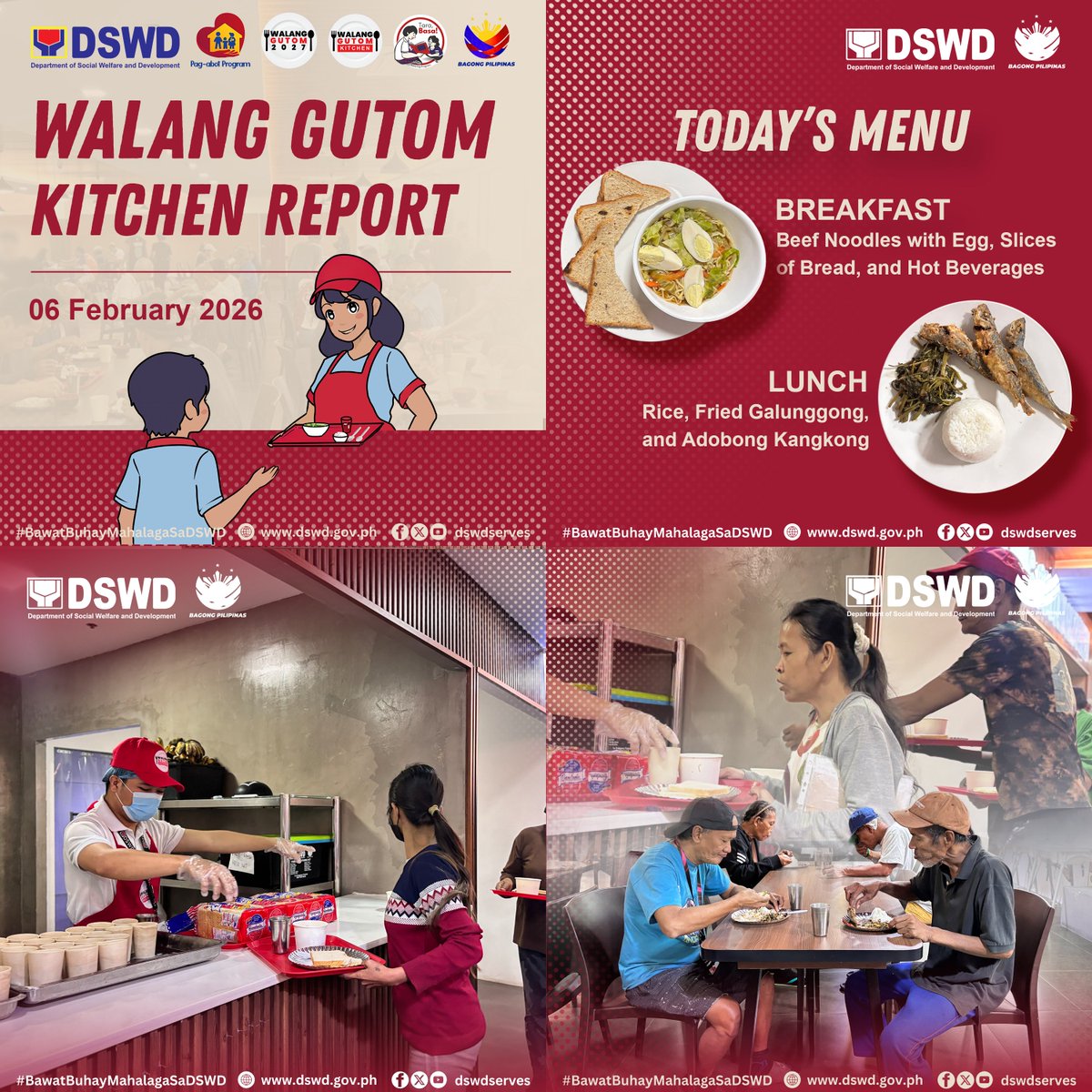 DSWDPagAbot's tweet photo. Sisiguraduhin ng Walang Gutom Kitchen na siksik sa sustansya ang bawat pagkaing inihahain para sa mga kliyente nito araw-araw. Kaya ngayong araw ng Biyernes, ika-06 ng Pebrero 2026, nasa 412 na katao ang nabusog at nasiyahan sa mga pagkaing inihanda para sa kanila. https://t.co/Ju8fhw3Sye