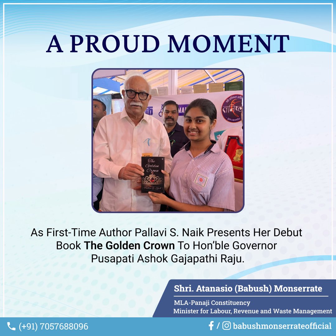 First-time author Pallavi S. Naik met Hon’ble Governor Pusapati Ashok Gajapathi Raju and presented her debut novel The Golden Crown. The Class IX student shared insights on young authorship at the Goa Book Festival. 

#YoungAuthor #GoaBookFestival #TheGoldenCrown
