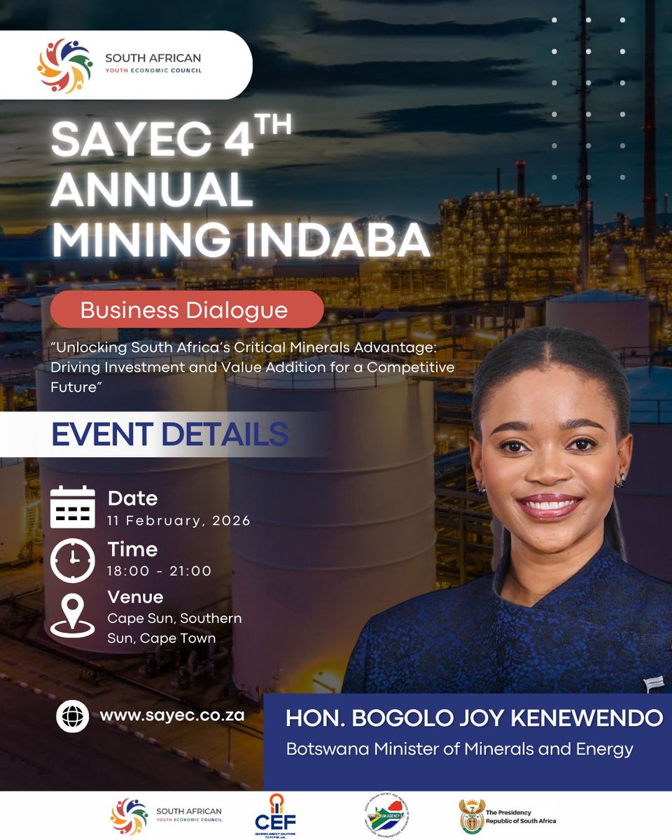 SAYouthEconomic's tweet photo. Mining Indaba Business Dialogue Speaker Announcement 🚨🇿🇦🇧🇼

We are honoured to be joined by Hon. Bogolo Joy Kenewendo, Minister of Minerals and Energy of Botswana. She'll give the regional outlook for critical minerals and oil &amp; gas, highlighting collaboration with South Africa. https://t.co/fSZoiHmYjW