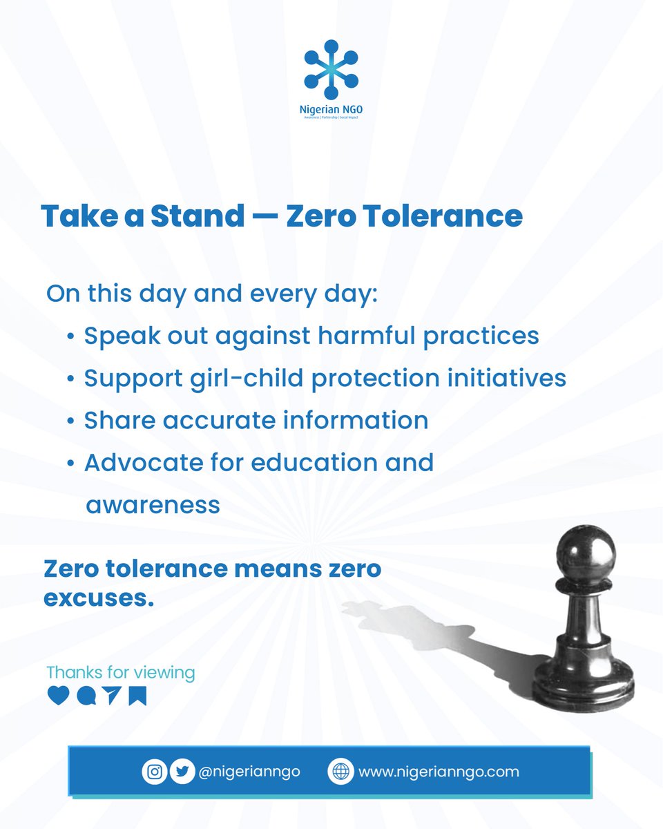 A girl’s body is not a battleground for culture.
Her pain should never be normalized.

Today, we pause to remember, to educate, and to commit again to ending Female Genital Mutilation, in our communities and beyond.
#saynotoFGM #nigerianngo