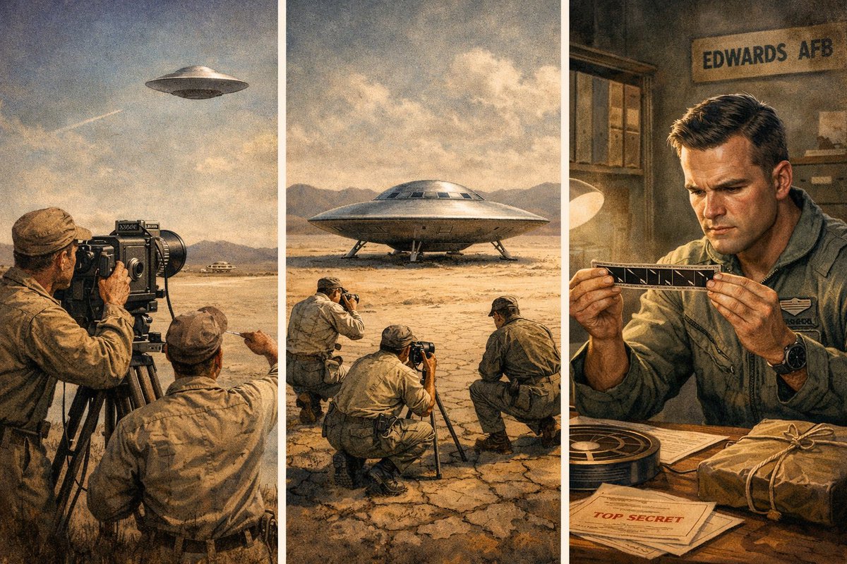 mario1973p's tweet photo. In the early days of May 1957, at Edwards Air Force Base, California, a team of photographers and cinematographers under the supervision of future astronaut Gordon Cooper was testing an Askania cine-theodolite over a dry lake to document precision landings.
Suddenly, a metallic, disc-shaped saucer appeared—shiny, silvery, silent, about 9–10 meters in diameter. It landed on the dry lakebed, remained stationary (some accounts mention extended landing gear and a proximity of 20–30 meters), and then silently took off again.
The technicians returned shaken and described everything to Cooper. He reviewed the negatives: clear, professional images showing a structured, intelligently controlled object—neither a plane, nor a drone, nor a natural phenomenon.
Following the protocol for anomalous/UFO events, Cooper developed the film (without making prints), placed it in a locked military courier pouch, and sent it directly to the Pentagon via a special secure channel. The film disappeared within the chain of command and was never returned or officially mentioned.
Gordon Cooper publicly shared this story decades later (in the ’80s–’90s, in interviews and in his 2000 autobiography Leap of Faith), breaking the imposed silence.
That package 📦 containing the film reel passed through many hands in 1957:
•Field photographers (including James Bittick and Jack Gettys, according to some sources)
•The film development lab at Edwards AFB
•Military courier personnel / USAF chain of command
•Pentagon officials and archives (and possibly intelligence or classified projects, like those related to Blue Book or equivalents)
Almost 69 years have passed. Many of those people are no longer here, but their children, grandchildren, relatives, or former colleagues may have memories, family anecdotes, private documents, or simply know more about where that film ended up: was it duplicated? Stored in a secret vault? Analyzed? Destroyed?
If you, a family member, or someone you know worked in 1957 in:
•Photography/cine-theodolite units at Edwards AFB
•USAF military film development labs
•Classified courier services / pouch system
•Pentagon archives or offices handling sensitive / UFO-related materials
…or if you’ve heard “grandparent stories” about a mysterious film arriving from Edwards in ’57, I encourage you to come forward (even privately/anonymous if you prefer).
The truth about that object and that film could be an important piece of the UAP puzzle. We’re not looking for sensationalism: we’re looking for facts and direct testimonies.
DMs are open or reply below. Thanks to anyone willing to share a fragment of history.
#UAP #UFO #GordonCooper #EdwardsAFB #Year1957 #Disclosure