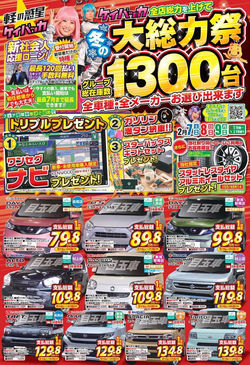 tanpopowebshop's tweet photo. #ケイバッカ【 #大総力祭 】開催中🎉
支払総額100万円以下の目玉車を多数展示！
スタッフ総力を上げてお待ちしております😊
Webや電話で来店予約もできます！
お気軽にお問い合わせください📞
👉https://t.co/2ezHd1dmk0
#車 #新潟 #お得情報 #ダイハツ #スズキ #タント #ハスラー #NBox https://t.co/7HPFr84fpr
