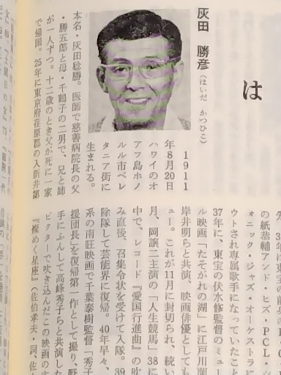 昭和54年キネマ旬報刊行の日本映画俳優全集男優編
懐メロ関係では戦前から唄っている人では映画スター高田浩吉は当然ながら、灰田勝彦、近江俊郎、田端義夫等が掲載されている。
記事の末尾には各人の住所、電話番号の記載があり、個人情報保護の今ではあり得ない、いかにも昭和の本である。