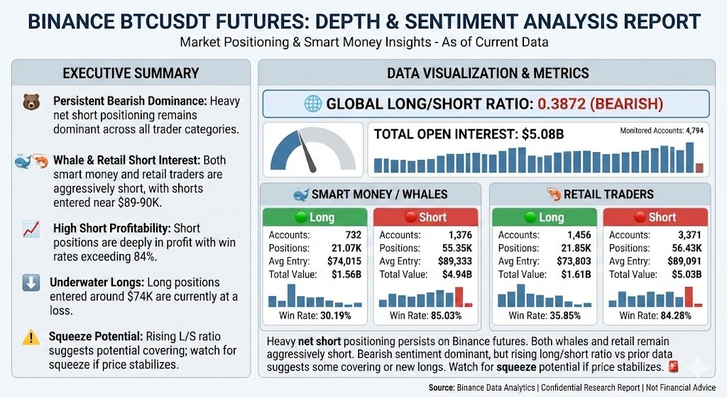 PerpTracking's tweet image. 📊 Binance BTCUSDT Long/Short Depth Analysis
========================================
💰 Total Open Interest: $5.08B
👥 Monitored Accounts: 4,794
⚖️ Global Long/Short Ratio: 0.3872 (still bearish)
🐋 Smart Money / Whales

Heavy net short positioning persists on Binance futures.…