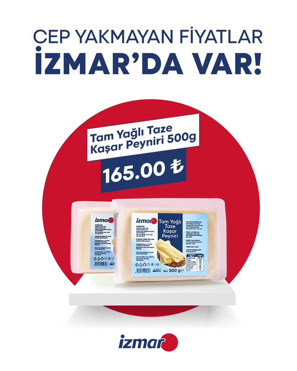 İZMAR Taze Kaşar Peyniri raflarda yerini aldı! 
Ekonomik, sağlıklı ve güvenli gıdayı halkımızla buluşturmaya devam ediyoruz.

Size en yakın İZMAR şubesini öğrenmek için
👉 izmar.info web sitemizi ziyaret edebilirsiniz.
