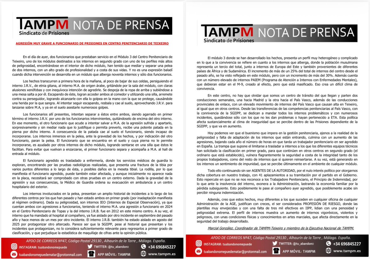 💢💢 #ULTIMAHORA | Grave agresión a funcionario de Prisiones en el C.P. de Teixeiro (A Coruña)

👉 Ayer, los dos funcionarios que trabajaban en el módulo 3 (con 90 internos de perfil alto de peligrosidad) tuvieron que arriesgar sus vidas para separar una grave pelea entre dos