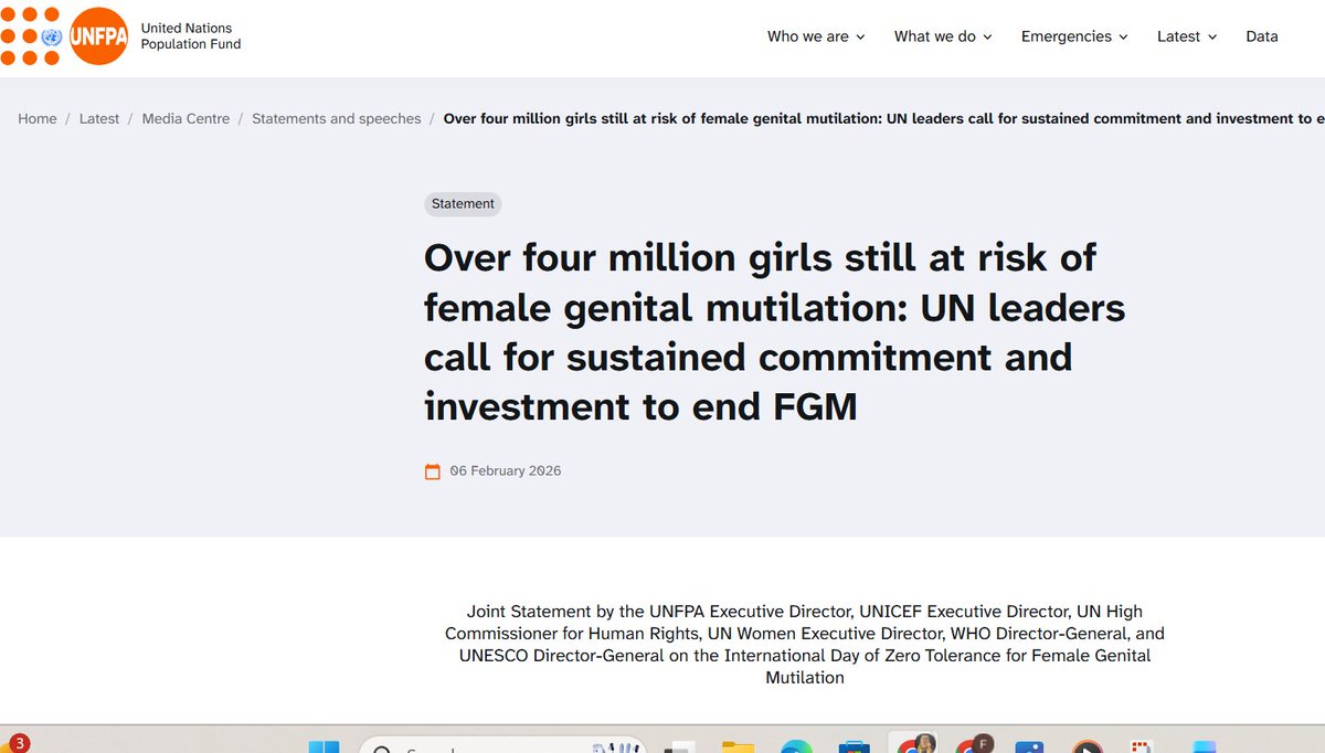 𝟲 𝗙𝗲𝗯 | 𝟲 𝗨𝗡 𝗔𝗴𝗲𝗻𝗰𝗶𝗲𝘀 | 𝟭 𝗚𝗼𝗮𝗹: #EndFGM 🚫✊

Today, <a href="/UNFPA/">UNFPA</a> , <a href="/UNICEF/">UNICEF</a> , <a href="/UNHumanRights/">UN Human Rights</a> , <a href="/UN_Women/">UN Women</a> , <a href="/WHO/">World Health Organization (WHO)</a> , &amp; <a href="/UNESCO/">UNESCO 🏛️ #Education #Sciences #Culture 🇺🇳</a>  sustained investment to protect the 4.5M girls at risk this year. 

Statement👉: unf.pa/4rxSj4j 
#Invest2EndFGM