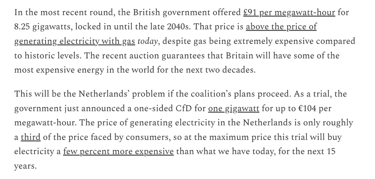 pietergaricano's tweet image. The new Dutch government is great, but it wants to make a bad mistake: 40 gigawatts of wind funded with contracts for difference.

- Contracts for difference lock in current prices for the next 15 years.
-  Unlike solar, the price of offshore wind has actually increased in recent…
