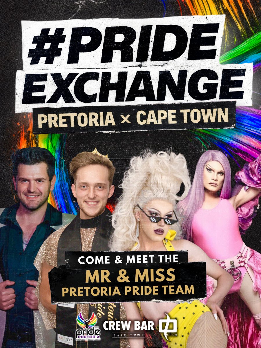 ✨ Special guests incoming ✨
The Mr &amp; Miss Pretoria Pride titleholders will be joining us at #PrideExchange in Cape Town 🌈
Come say hi, celebrate together, and feel the Pride 🤝