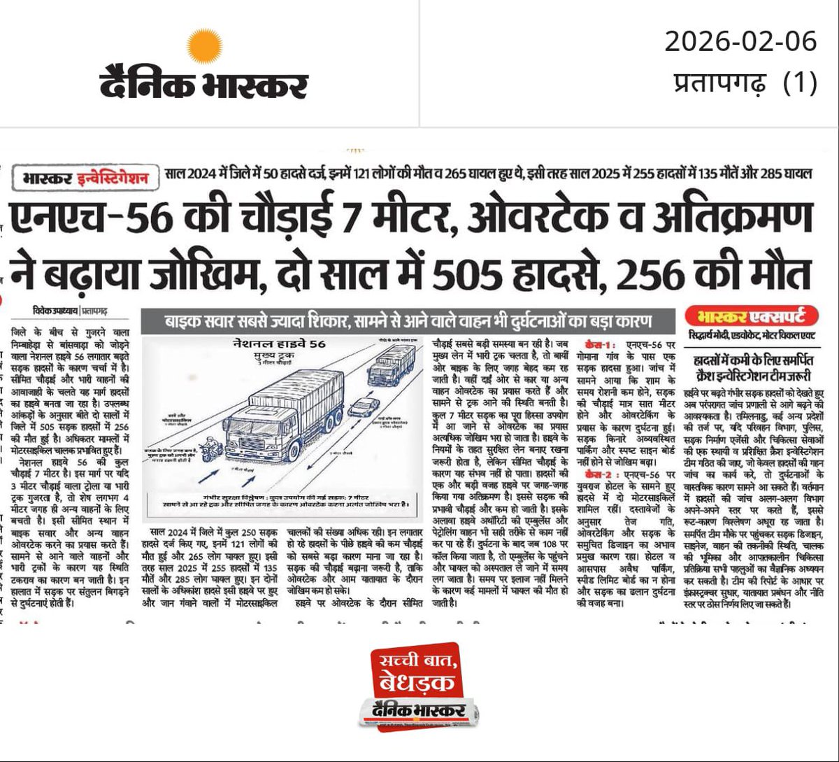 भास्कर इन्वेस्टिगेशन • साल 2024 में जिले में 50 हादसे दर्ज इनमें 121 लोगों की मौत व 265 घायल हुए थे, इसी तरह साल 2025 में 255 हादसों में 135 मौतें और 285 घायल *एनएच-56 की चौड़ाई 7 मीटर, ओवरटेक व अतिक्रमण ने बढ़ाया जोखिम, दो साल में 505 हादसे, 256 की मौत
<a href="/nitin_gadkari/">Nitin Gadkari</a> <a href="/RajCMO/">CMO Rajasthan</a>