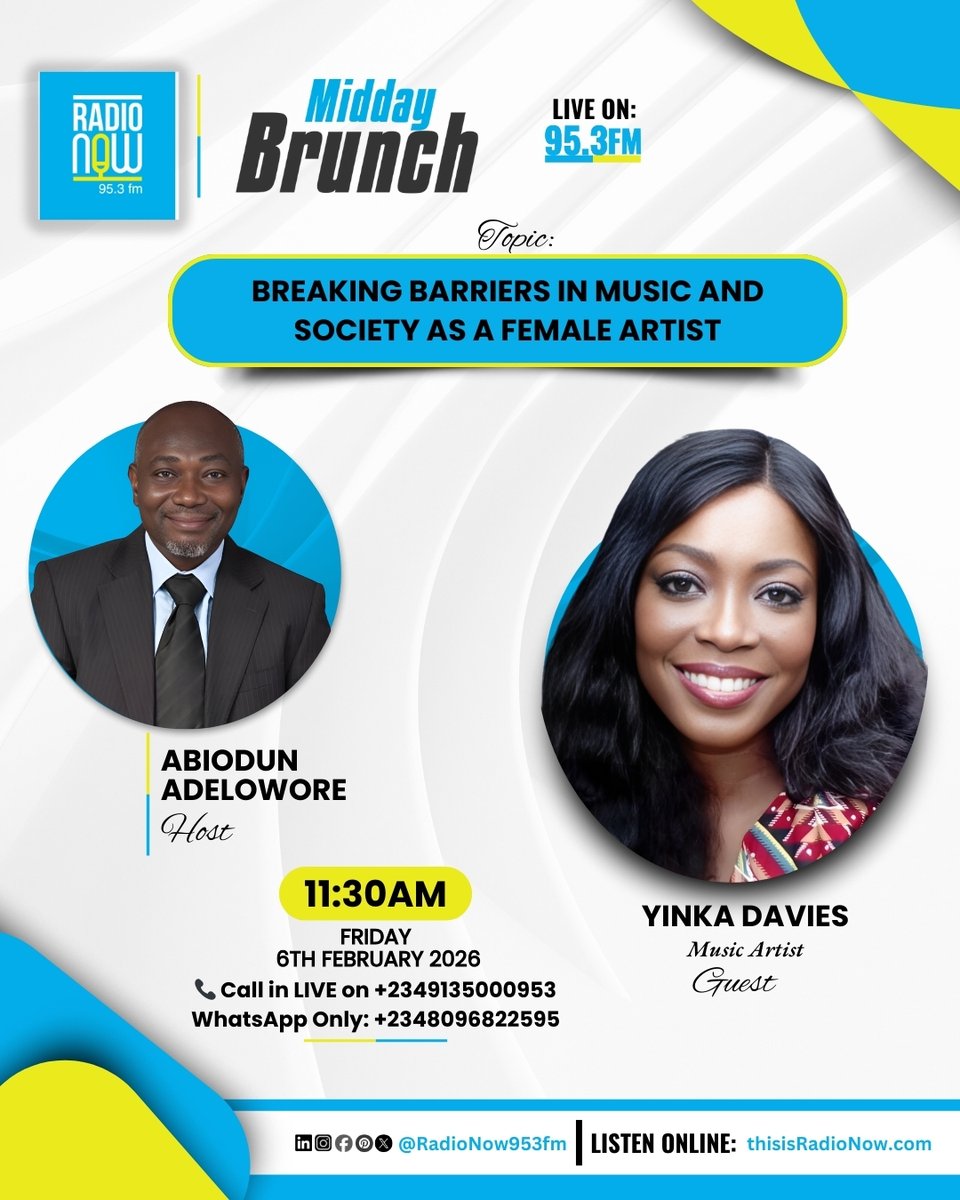 RadioNow953FM's tweet image. Up Next at 11:30 AM: Midday Brunch with Abiodun Adelowore

Topic: Breaking Barriers in Music and Society as a Female Artist

Guest: Yinka Davies

Join the conversation on the station that takes you beyond the news.

#musicpromotion #yinkadavies #liveentertainment #womeninmusic