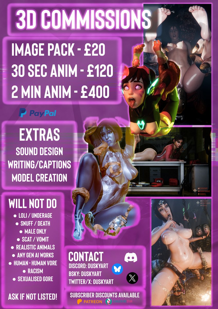 2026's Commission Sheet Has Arrived! 💜     

🟣Subscribestar: subscribestar.adult/duskyj      

🟣Patreon: patreon.com/DuskyDraws       

🟣Discord: discord.com/invite/4FtkpVZ… 

🟣Archive: duskyart.online

DM's are open if you wish to discuss commissions and projects.