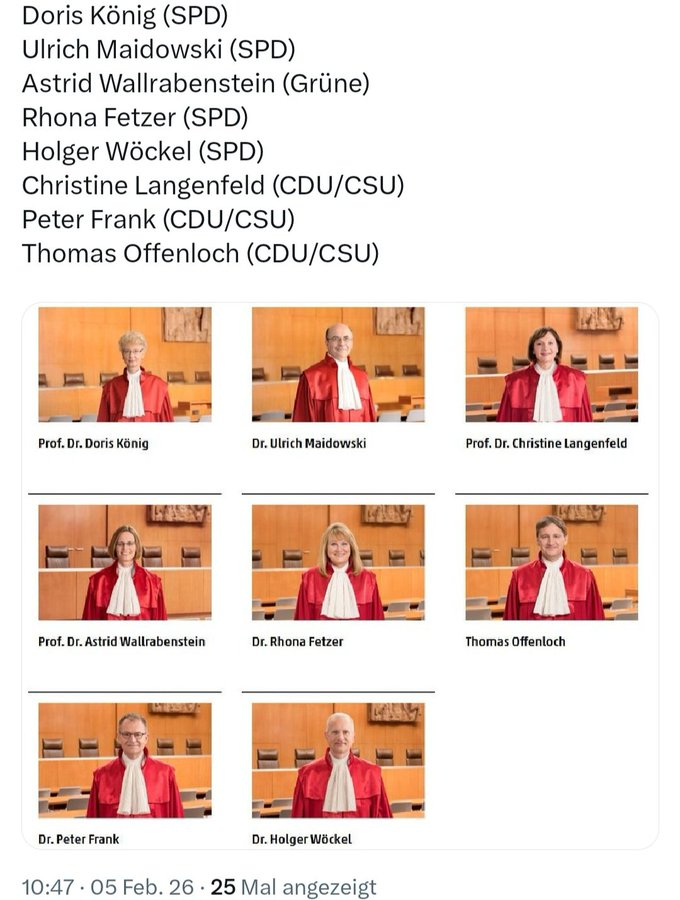 Meine Damen und Herren,

die 2te Kammer des BVerfG, okkupiert von der Kleinpartei SPD unter Beihilfe des Parteienkartells im Bundestag.

Diese Kammer fällt eine Reihe bemerkenswerter Urteile unter Missachtung des ELEMENTAREN Minderheitenschutzes.

Stattdessen liefert es eine