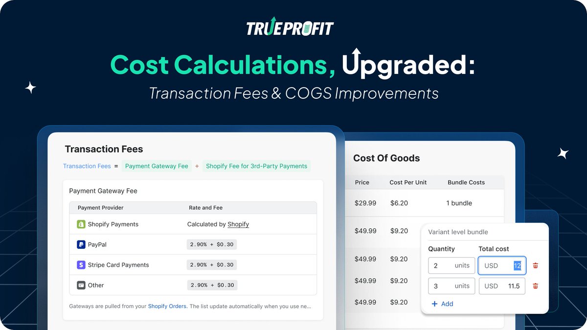 If there’s a month we slow down and do the deep work, it’s this January 🗓️.

Last month, we shipped important updates to cost calculations in TrueProfit.

What’s new:

- COGS settings now support variant-level setup and bundle pricing.

- Transaction fees are easier to understand