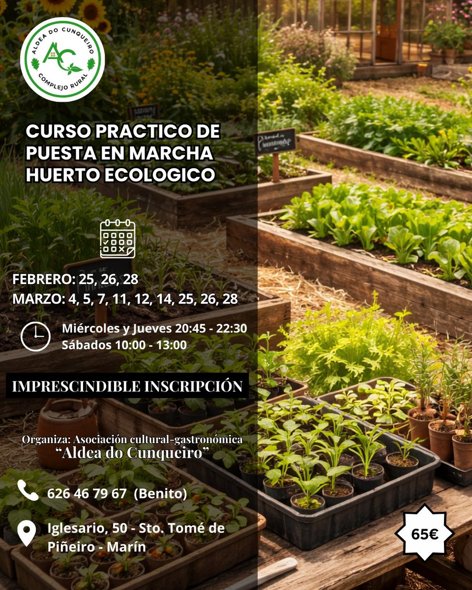 🌱 Manos en la tierra, aprendizaje real y entorno rural⁣
⁣
𝗖𝘂𝗿𝘀𝗼 𝗽𝗿𝗮́𝗰𝘁𝗶𝗰𝗼 𝗱𝗲 𝗵𝘂𝗲𝗿𝘁𝗼 𝗲𝗰𝗼𝗹𝗼́𝗴𝗶𝗰𝗼 👉 creamos un huerto real desde cero.⁣
⁣
📅 Febrero–marzo⁣
💶 65 €
📩 𝗣𝗹𝗮𝘇𝗮𝘀 𝗹𝗶𝗺𝗶𝘁𝗮𝗱𝗮𝘀⁣
📞 626 46 79 67⁣
⁣
#galicia