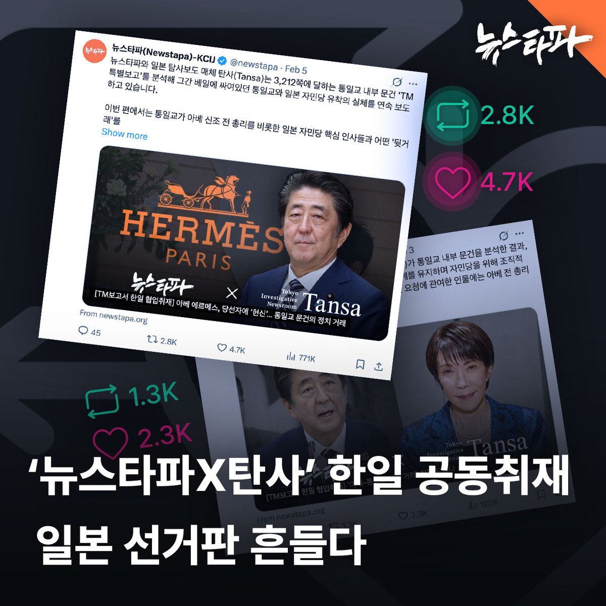 newstapa's tweet image. ['뉴스타파X탄사' 한일 공동취재, 일본 선거판 흔들다]

뉴스타파는 일본 탐사매체 탄사(Tansa)와 함께 통일교 내부 문건, 이른바 ‘TM 특별보고’를 검증하는 한일 공동취재를 진행하고 있습니다. 이 내용이 공개되자 일본에서는 자민당과 통일교의 유착 의혹이 다시 주요 쟁점으로 떠올랐습니다.…