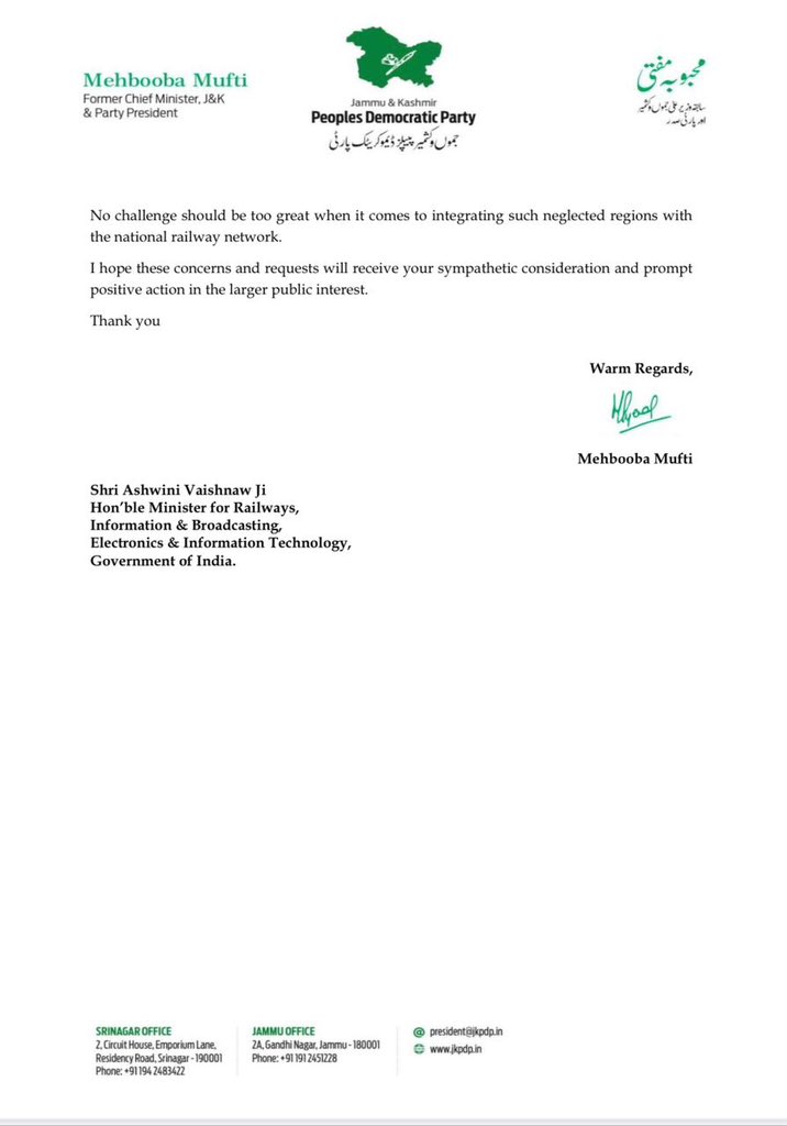 Have written to the Hon’ble Railway Minister thanking him for keeping the Kashmir valley railway projects in abeyance and urging their realignment along barren land to develop a dedicated fruit corridor. With the National Highway repeatedly choked and unreliable our farmers