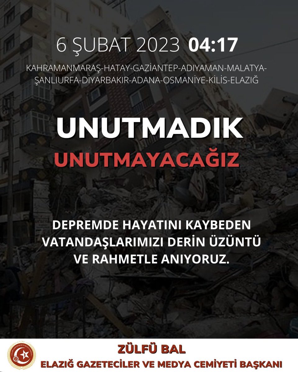 Depremde hayatını kaybeden vatandaşlarımızı derin üzüntü ve Rahmetle anıyoruz.
#6subat2023 #DepremiUnutmaUnutturma #DepremiUnutma