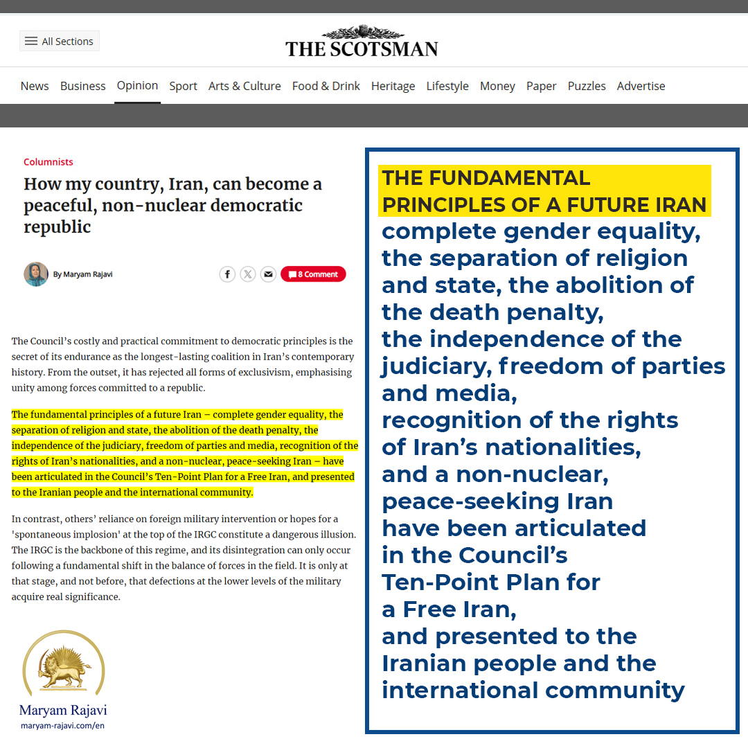 The central question facing Iran today is no longer whether the ruling regime will fall, but rather when it will fall, what will follow its collapse, and whether chaos will replace a century of monarchical and religious dictatorships.
maryam-rajavi.com/en/scotsman-ho…