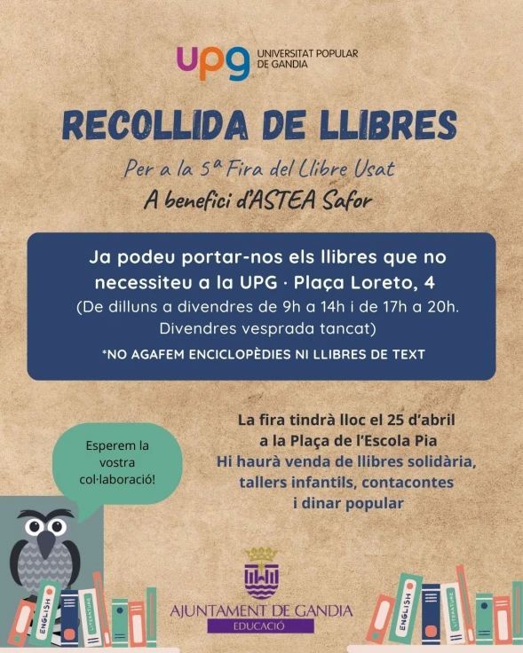 La Universitat Popular de Gandia inicia una campaña de recogida de libros usados. #Universitat #Popular #Gandia #Campaña #Libros #Usados 

buff.ly/QrofQXD
