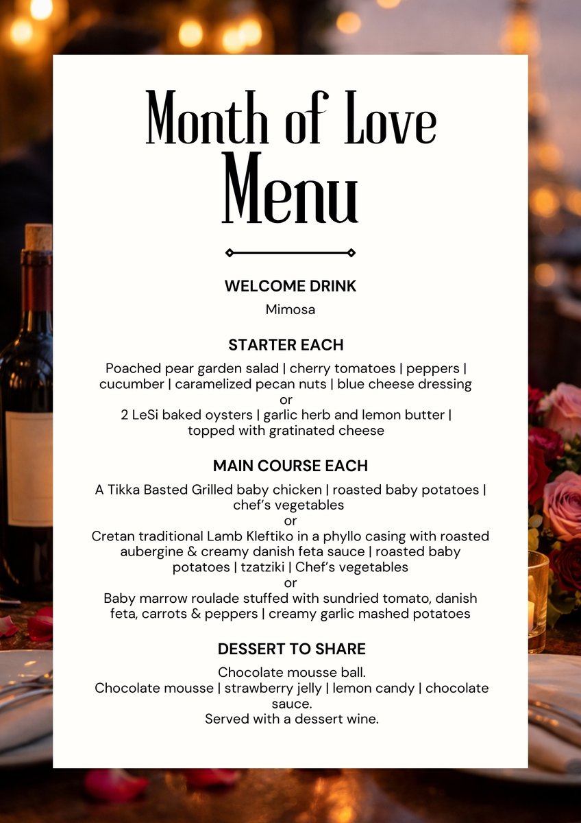 LeSiRestaurant's tweet photo. Have you booked your table for Tuesday #DateNight yet? 💕
Only R550 per couple for a 3-course dinner + welcome drink, dessert wine &amp; a bottle of house wine.
Unforgettable food, unbeatable vibes ✨
Book now 👉 https://t.co/a7h1llqjC4
#CouplesGoals #LeSiRestaurant #PretoriaDining https://t.co/BxIVI99Wrr