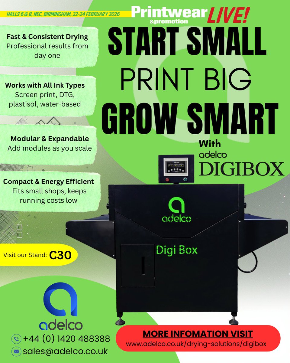 officialADELCO's tweet image. Start Small. Grow Big. Print Smarter. 
The Adelco DigiBox helps print businesses scale with confidence. Modular, compact, and built for fast, consistent drying.

See it live at Printwear &amp;amp; Promotion LIVE, Birmingham, 22–24 Feb on stand C30.

#Adelco #DigiBox #pandplive2026