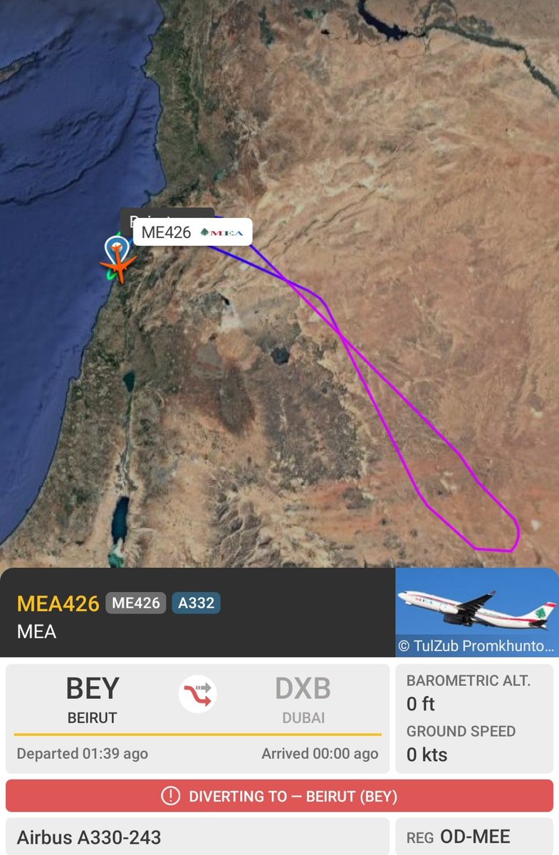 LebanonJets's tweet photo. Lebanon's Middle East Airlines #ODMEE A330 (MSN 1725 dd 2016) operating #ME426 #Beirut to #Dubai had a hydraulic issue en-route over Jordan, elected to return to Beirut with gear doors open on approach. Passengers currently bording a replacement aircraft & continue their journey https://t.co/aM9Tp0zNU3