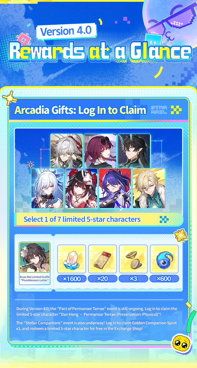 honkaistarrail's tweet image. Version 4.0 Benefits Preview

New arcadia, new goodies! Log in to claim a trove of rewards~
Includes a choice of 1 out of 7 limited 5-star characters! Trailblazers can log in to the game to claim a specific 5-star character ×1 and the upgrade materials required to raise them…