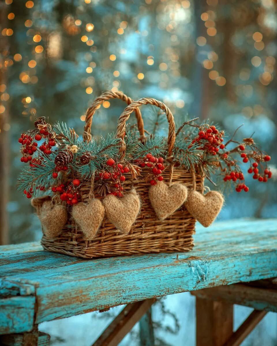 Lois0814's tweet photo. That woven basket bursting with pine, berries and fuzzy hearts just screams winter magic on this snowy porch. So inviting! 🌲❤️ #WinterDecor #RusticHoliday https://t.co/sqdXHk2UEp
