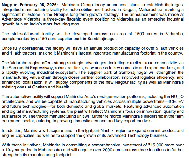 Mahindra is chosen stay in MH, 1500 acres in Nagpur, 150 acres in Sambhajinagar and expansion of Igatpuri plant for next phase of investments.