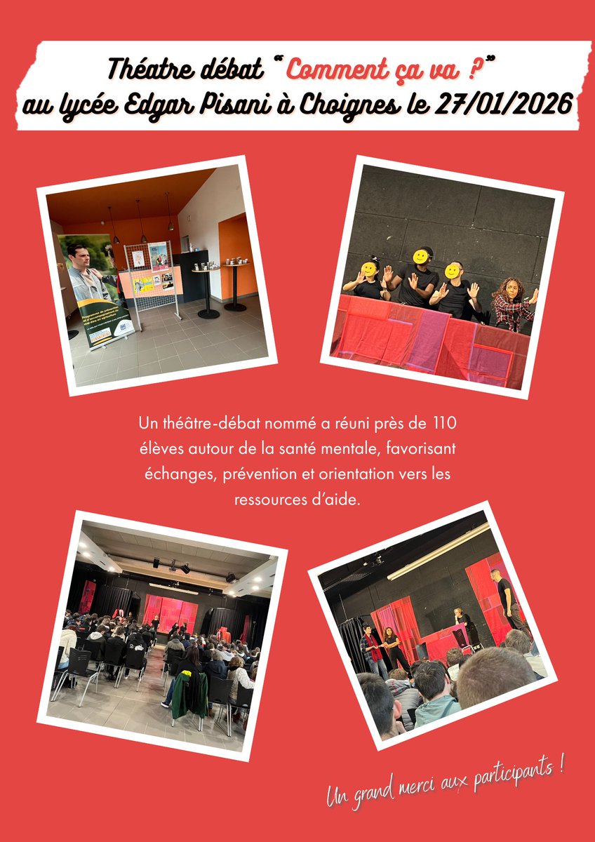 🎭 Théâtre-débat « Comment ça va ? »

Le 27 janvier au lycée Edgar Pisani (Choignes), la compagnie Entrées de jeu a sensibilisé 110 élèves et enseignants à la santé mentale via 4 saynètes et un débat participatif, en partenariat avec le Centre Hospitalier de la Haute-Marne. 👏