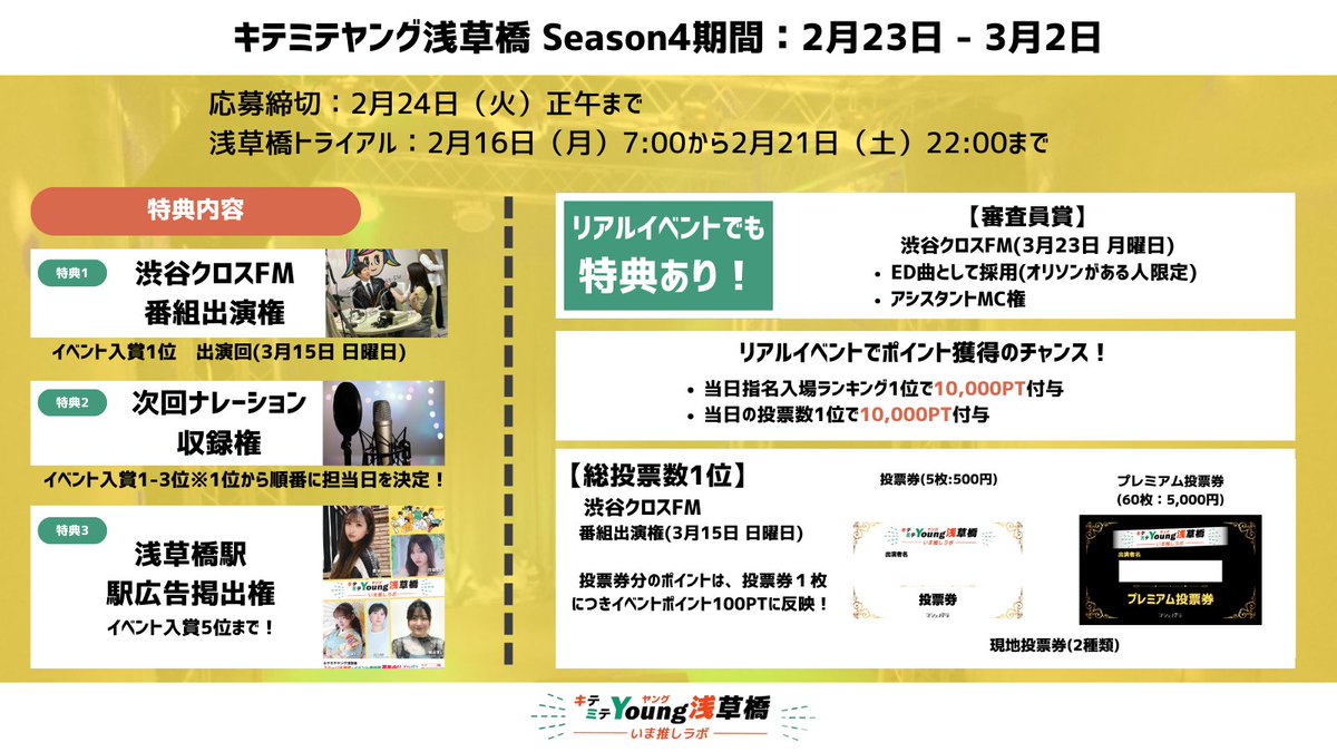 ■━━━━━━━━━━━━━━━━━□
　キテミテヤング浅草橋-いま推しラボ-
　Season4 エントリー開始
□━━━━━━━━━━━━━━━━━■

🎁豪華特典多数ご用意🎁
配信イベント＆リアルイベント参加者大募集!!📣

リアルイベント開催日：
2月26日(木)〜28日(土) 17:00から予定