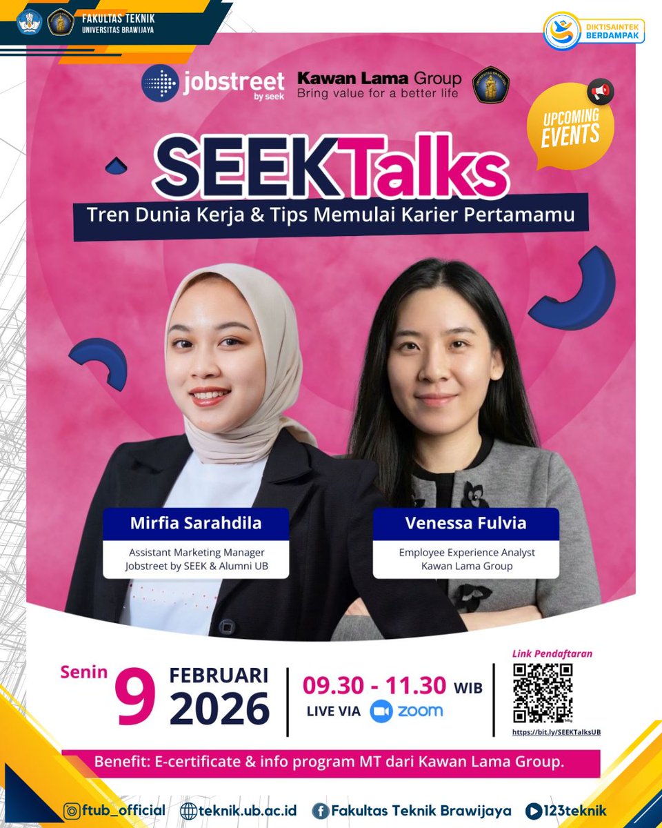 Siap mulai karier pertamamu dengan lebih pede? 
Yuk ikutan SEEKTalks bareng praktisi langsung dari Jobstreet by SEEK &amp; Kawan Lama Group!
Gratis &amp; terbuka untuk umum!
Daftar sekarang lewat link bit.ly/SEEKTalksUB sebelum kehabisan slot 👀