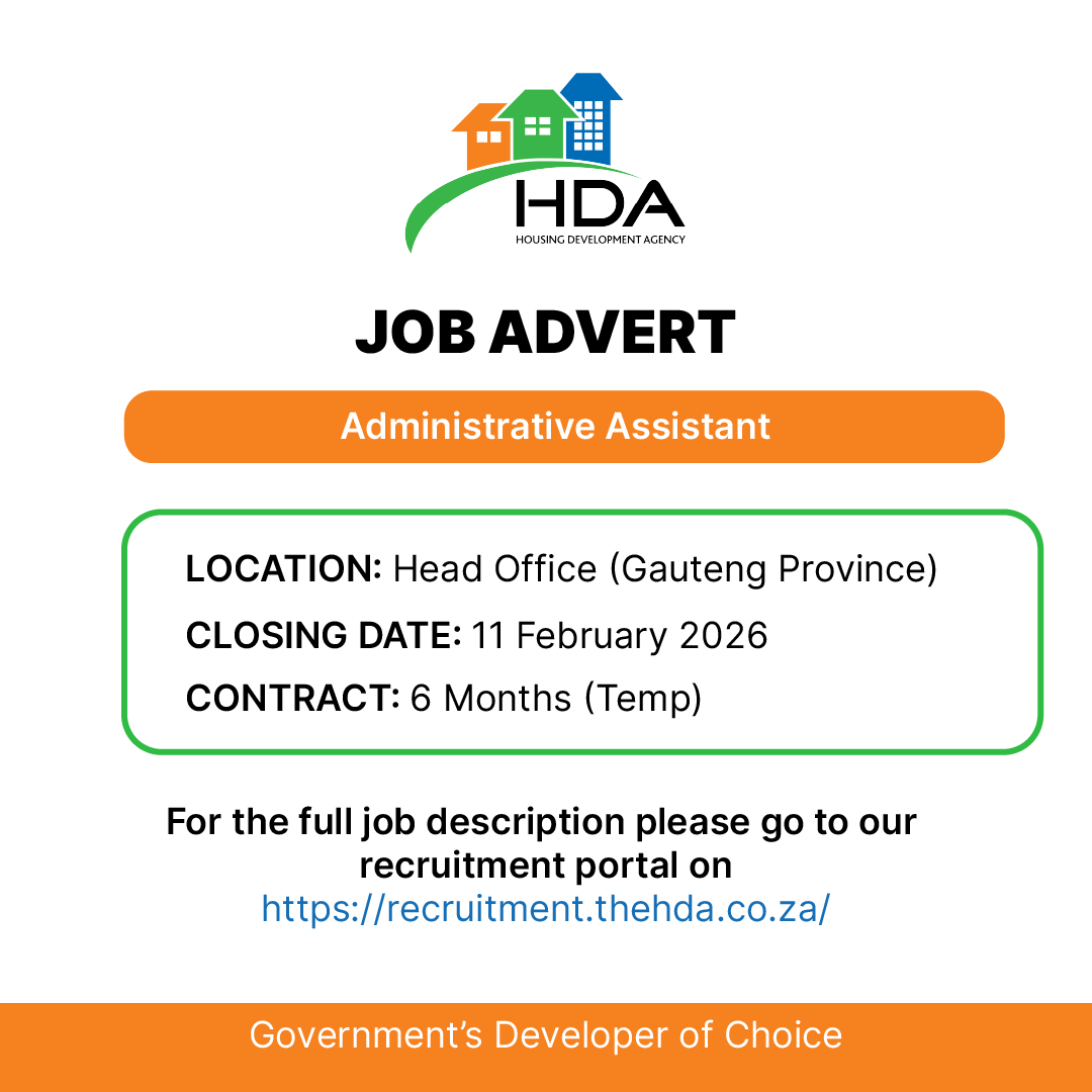 the_hda's tweet photo. We’re hiring an Administrative Assistant (6-month temp) — Head Office, Gauteng.
 Closing: 11 Feb 2026
Apply: https://t.co/vXAHF2BX2L https://t.co/KaK5MhkAU2