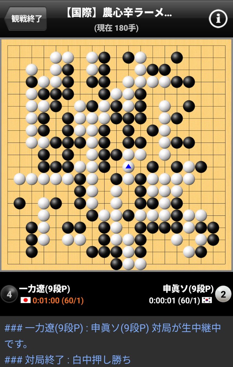 kuya15sky's tweet photo. 痛恨のミスが出てしまい、残念ながら敗戦となりました。

ずっと黒が押し気味で、勝ちが見えていただけにつらい展開になってしまいました。

またこの舞台に戻ってくれると思うので、日本の棋士の応援よろしくお願いいたします。

#囲碁
#世界戦
#農心杯 https://t.co/yPJUOvVYK4