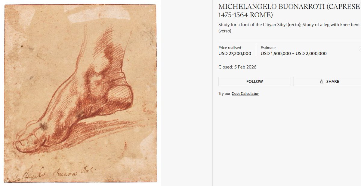 27,200,000 USD
Éste ha sido el precio pagado ayer por este Estudio del pie izquierdo de la Sibilia Libia de Miguel Ángel Buonarroti, para el techo de la Capilla Sixtina. Inició sus pujas con estimación de 1,5-2 millones!

El techo de la Sixtina fue un encargo de Julio II en 1508,