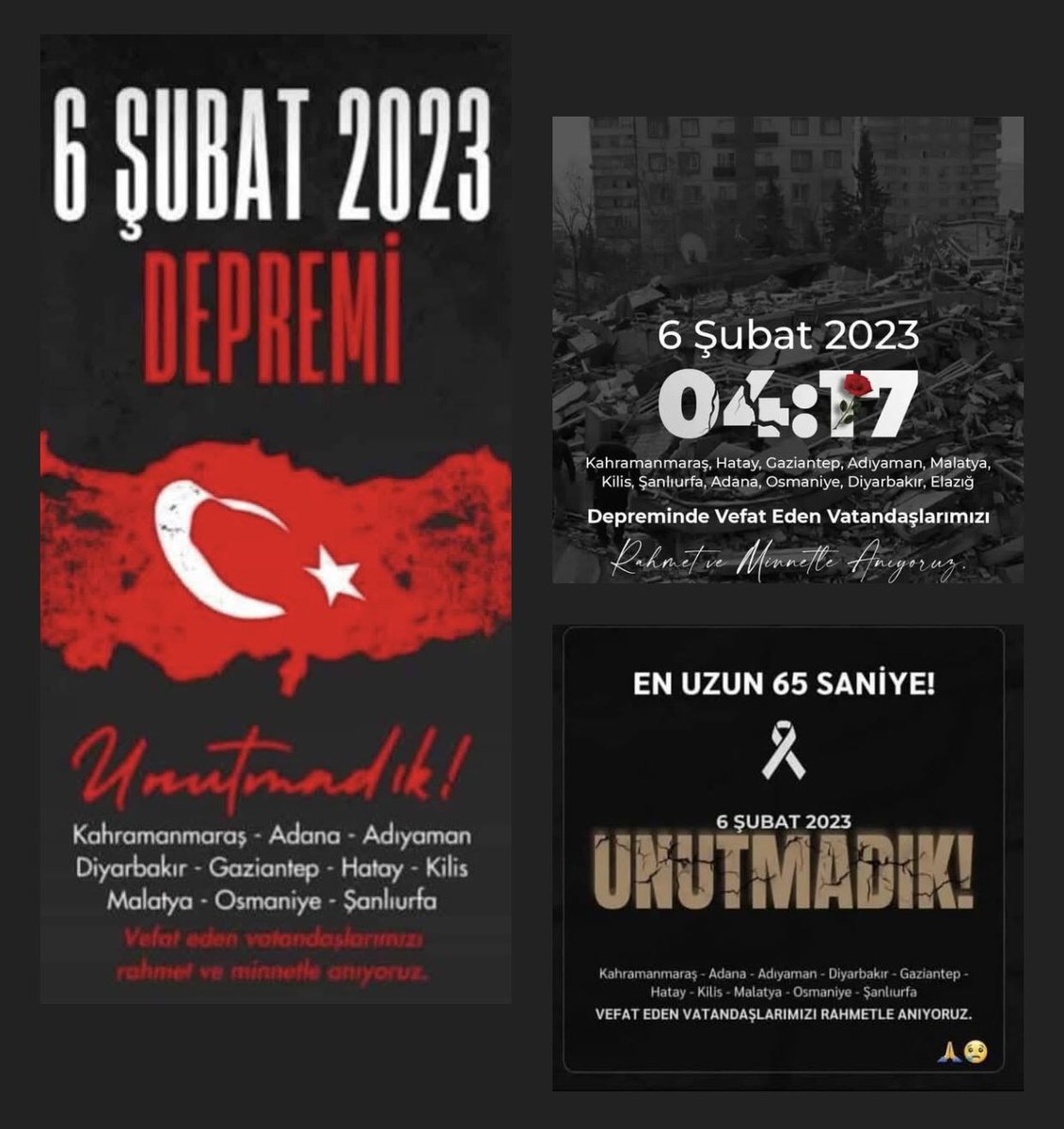 6 Şubat 2023 - 04:17

Unutmadık,unutmayacağız…
#6Şubat2023
#6ŞubatDepremi