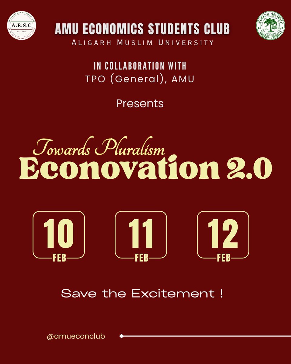 amueconclub's tweet photo. From de-colonising economic thought to global policy discussions —
Three days of debate, dialogue, and diverse economics."Ideas that question,conversations that matter."
Econovation 2.0 — Towards Pluralism.
#Econovation2 #AESC #AMU
#PanelDiscussion #EconomicThought
#MUN https://t.co/YtAG9NK5h9
