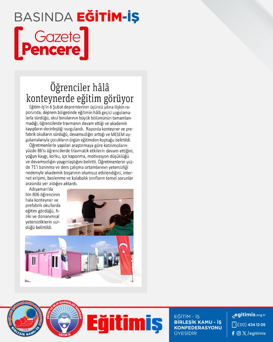 Eğitim-İş olarak, 6 Şubat depremlerinin 3. yılında sahadaki veriler ve deprem bölgelerindeki öğretmenlerle görüşerek hazırladığımız “Deprem Raporu” Gazete Pencere’de yer aldı.

<a href="/gazetepencere/">Gazete Pencere</a>
