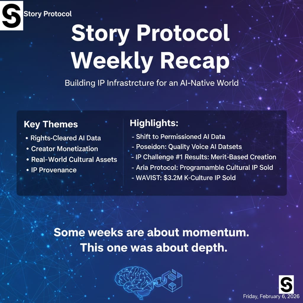 Story Protocol Weekly Recap

Building IP Infrastructure for an AI-Native World

Over the past week, Story Protocol focused less on loud announcements and more on strengthening the foundations of onchain intellectual property.
From rights-cleared AI data to creator monetization